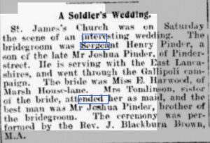 Newspaper clipping of Sapper Henry Pinder's Wedding